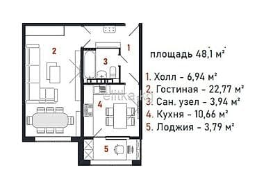 1 комната, 48 м², Элитка, 9 этаж, Готовая ПСО (под самоотделку)