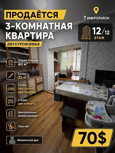 продаю квартиру 7мкр: 3 комнаты, 60 м², 12 этаж — 1