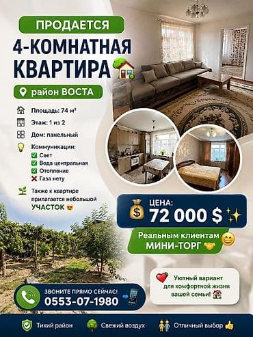 4 комнаты, 74 м², 1 этаж, Косметический ремонт