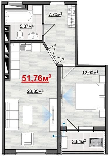 квартры: 2 комнаты, 51 м² — 1