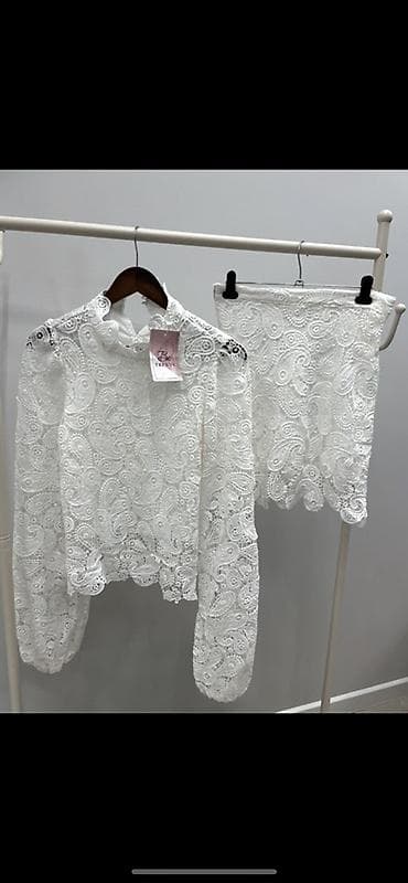 Женская одежда: Ажурный комплект из кружева: блузка + юбка - Цвет: молочно‑белый - — 1
