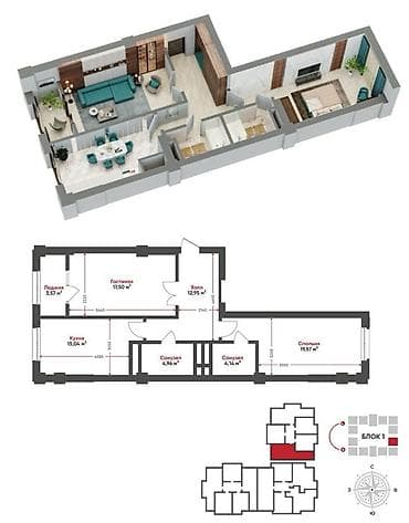 discovery studio: 2 комнаты, 78 м², Технопарк Элитка, 7 этаж, ПСО (под самоотделку) — 2