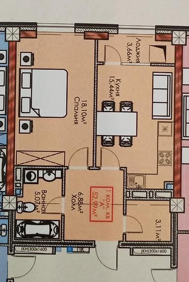 kant flat: 1 комната, 52 м², Элитка, 10 этаж, Готовая ПСО (под самоотделку) — 1