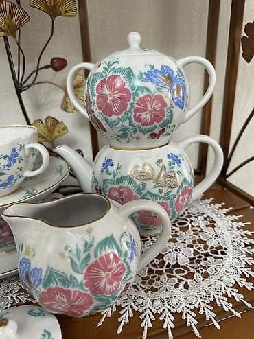 Чайный сервиз ЛФЗ из костяного фарфора с цветочным узором. Набор на 5 — 2