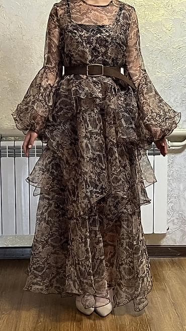 dolce and gabbana: Шифоновое платье макси с принтом в коричнево‑бежевой гамме - — 5