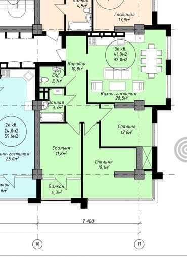 квартира для двоих: 3 комнаты, 92 м², Элитка, 4 этаж, ПСО (под самоотделку) — 2