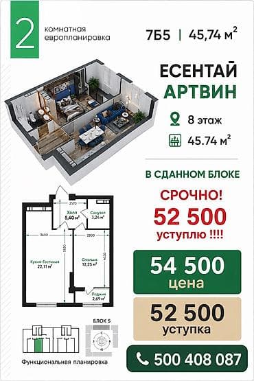 кут строй цены на квартиры бишкек: 2 комнаты, 60 м², Элитка, 6 этаж, Готовая ПСО (под самоотделку) — 5