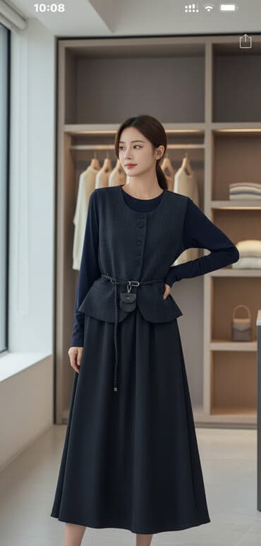 Элегантное темно‑синее платье-комплект в стиле «жилет поверх платья»