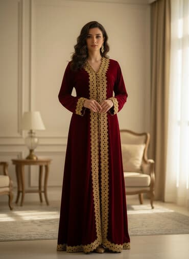 бордовое платье с кружевом: Вечернее восточное платье/абайя из бархата бордового цвета. - Длинный — 1