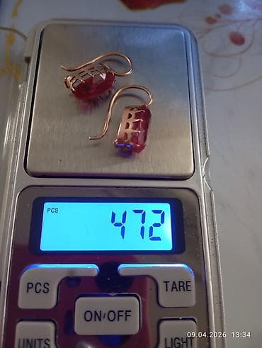 серебряный комплект с красными камнями: Серьги, Проба 585, Женские — 1