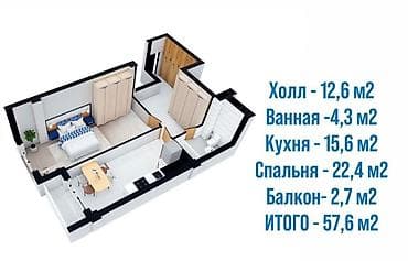 Продажа квартир: 1 комната, 57 м², Элитка, 13 этаж, Готовая ПСО (под самоотделку) — 3