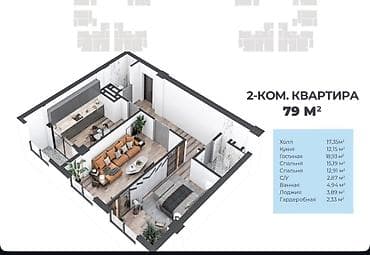 2 комнаты, 79 м², Элитка, 11 этаж, ПСО (под самоотделку)