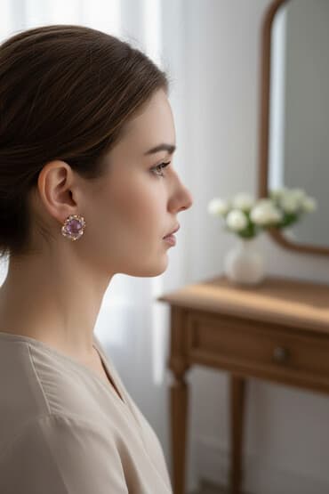 элегантное свадебное кружевное платье: Серьги, Проба 585, Аметист, Женские — 2