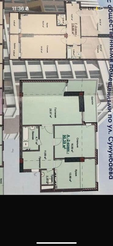 квартира в районе ошского рынка: 2 бөлмө, 91 кв. м, Элитка, 11 кабат, ПСО (өзү оңдоп түзөтүп бүтүү үчүн) — 7