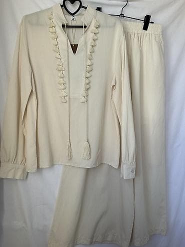 шерстяные брюки: Бежевый женский комплект из блузы и длинной юбки. - Цвет — 1