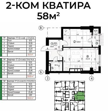 58: 2 комнаты, 58 м², Южная Магистраль Элитка, 17 этаж, ПСО (под самоотделку) — 2