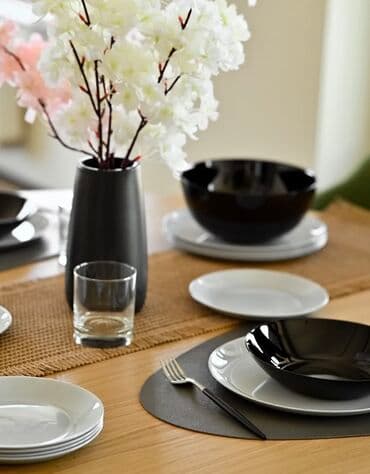 чайные наборы посуды: Набор столовой посуды в современном стиле, черно-белая гамма. Состав — 1