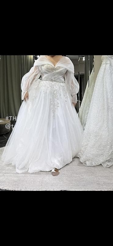 двойка платье: Свадебное платье, Без кольца, Закрытое, Рукава прозрачные, Пышное, Пайетки, Б/у — 3