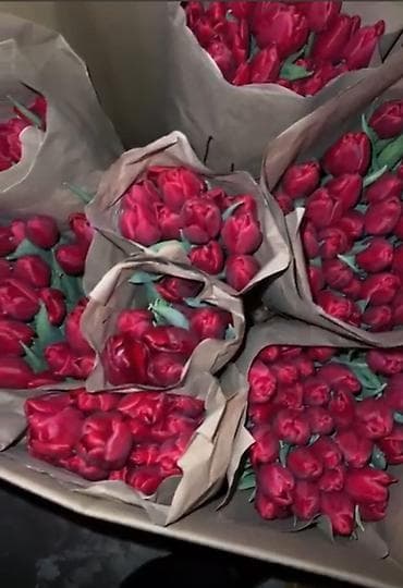 упаковка цветов: Тюльпаны в крафтовой упаковке - Сорта: розовые (нежные пастельные — 2