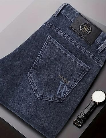 джинсы с начесом: Мужские джинсы прямого кроя из плотного денима темно‑синего цвета — 3