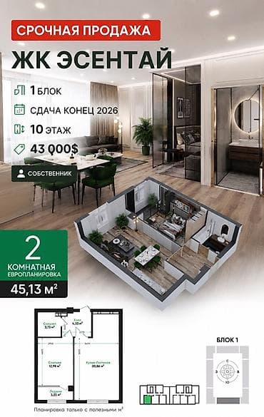 Недвижимость: 2 комнаты, 45 м², 10 этаж — 1