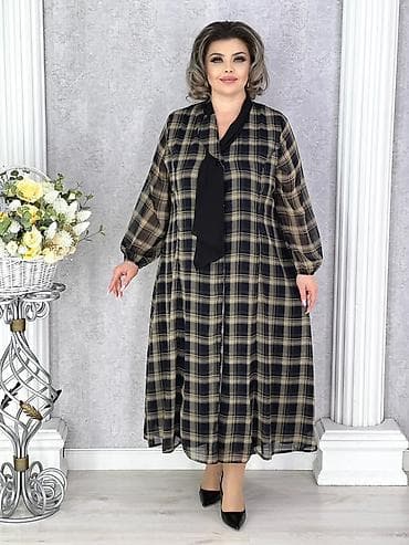 Платье миди в клетку для женщин plus size - Свободный А‑силуэт, длина — 6