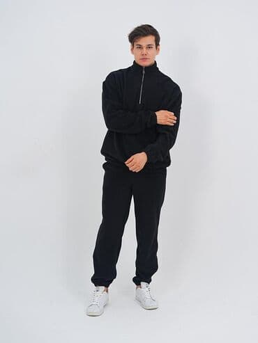 спортивная одежда мужская: Мужской спортивный костюм, однотонный черный. + - Комплект: свитшот — 7