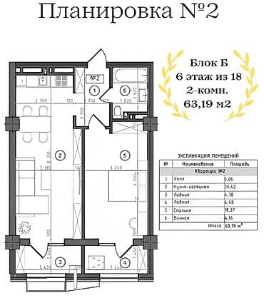 2 8: 2 комнаты, 69 м², 6 этаж — 3