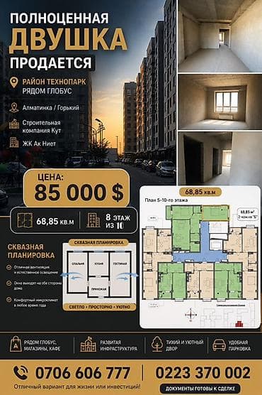 Квартиры: 2 комнаты, 68 м², 8 этаж — 1