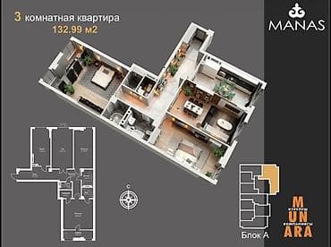 квартира үй: 3 бөлмө, 133 м², Даяр ПСО (өзү оңдоп түзөтүп бүтүү үчүн) — 1