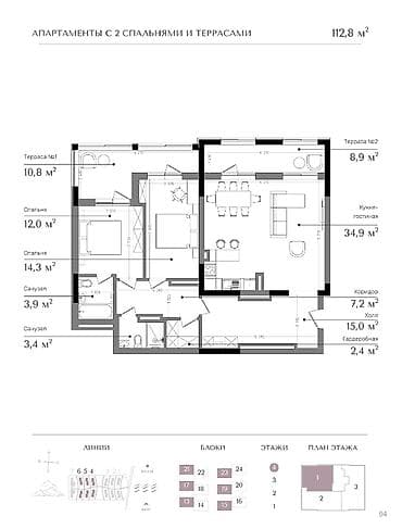 Строится, Элитка, 2 комнаты, 112 м²