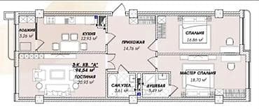 3 комнаты, 94 м², Азия Молл Элитка, 3 этаж, ПСО (под самоотделку) — 3
