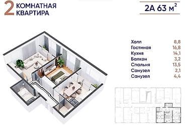 квартира под: 2 комнаты, 63 м², Элитка, 14 этаж, Готовая ПСО (под самоотделку) — 1