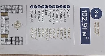 3 комнатная квартира бишкек: 3 комнаты, 103 м², Элитка, 8 этаж, ПСО (под самоотделку) — 2