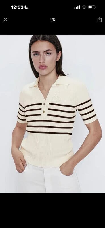 трикотажная: Трикотажное поло в полоску. АБСОЛЮТНО НОВОЕ - Цвет: молочный с — 1