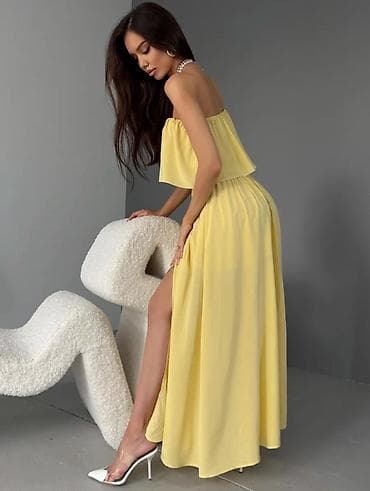 открытые плечи: Элегантное желтое макси-платье с открытыми плечами, идеально — 4
