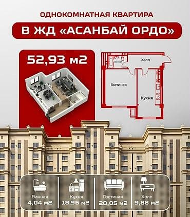 Недвижимость: 1 комната, 53 м², Асанбай мкр Элитка, 8 этаж, ПСО (под самоотделку) — 5