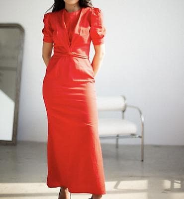 льняной пиджак: Красное платье макси длины. Стильная классика с современным акцентом — 3