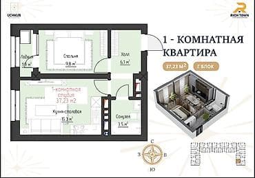 мичуринский квартал: 1 комната, 37 м², Элитка, 8 этаж, Готовая ПСО (под самоотделку) — 1