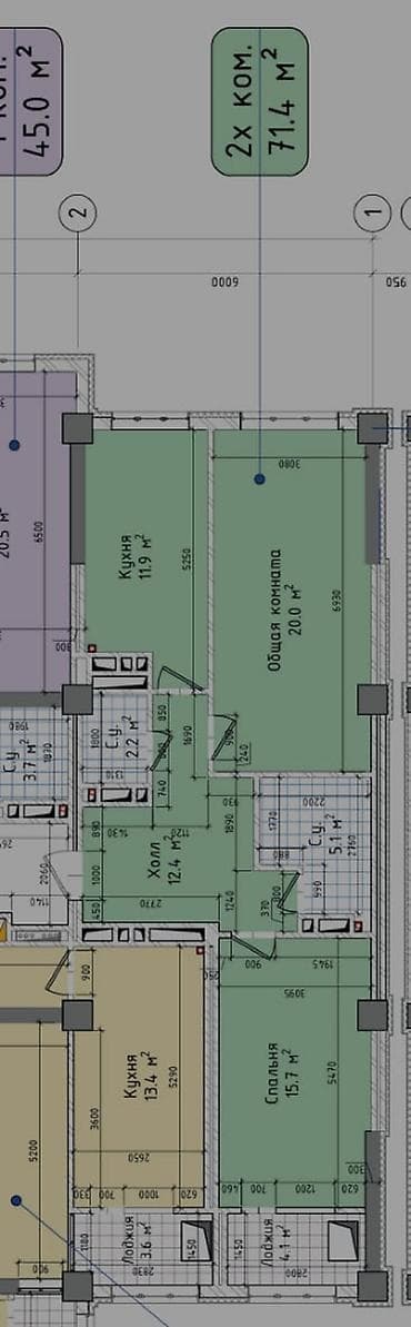 kant flat: 2 комнаты, 71 м², Элитка, 12 этаж, Готовая ПСО (под самоотделку) — 2