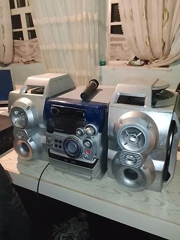 Домашний музыкальный центр с двумя пассивными колонками и микрофоном