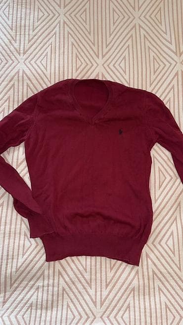 Бордовый свитер с V-образным вырезом - Классический тонкий трикотаж