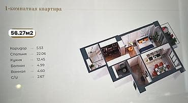 105: 2 комнаты, 56 м², Кок-Жар мкр Элитка, 13 этаж, ПСО (под самоотделку) — 3
