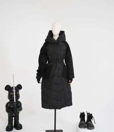 купить женский пуховик большого размера: Пуховик, Длинная модель, Китай, С капюшоном, Стеганый, С поясом — 9