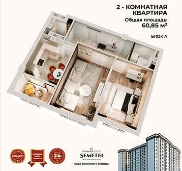 hostel osh: 2 комнаты, 61 м², Элитка, 5 этаж, Готовая ПСО (под самоотделку) — 2