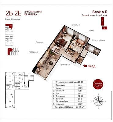 106: 2 комнаты, 75 м², 106 серия, 7 этаж — 2