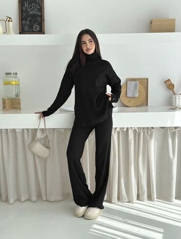 трикотажные брюки: Женский костюм двойка Свитер с высокой горловиной Брюки прямого кроя — 2