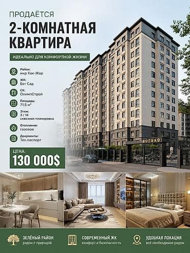 3: 2 комнаты, 72 м², Кок-Жар мкр Элитка, 3 этаж, Евроремонт — 1