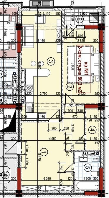 студия 1 комнатная: 2 комнаты, 80 м², Элитка, 4 этаж, Готовая ПСО (под самоотделку) — 4