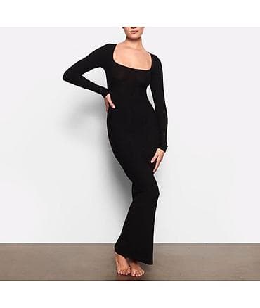 платье с вырезом: Повседневное платье, Длинная модель, Трикотаж, Прямое, Стандарт — 2